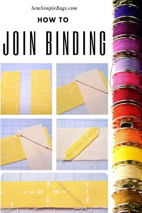 How to join binding. This easy to follow beginners step by step photo tutorial shows how to join binding strips with a diagonal seam to reduce bulk. Works for quilting binding, straight binding, bias binding, and any time you need to join two pieces of fabric while reducing the thickness from a seam with multiple folds. Bias Tape Tutorial, Quilting Binding, Tshirt Quilt Pattern, Diagonal Quilt, Bias Tape Binding, Quilt Binding Tutorial, Sewing Binding, Binding Tutorial, Sew Simple