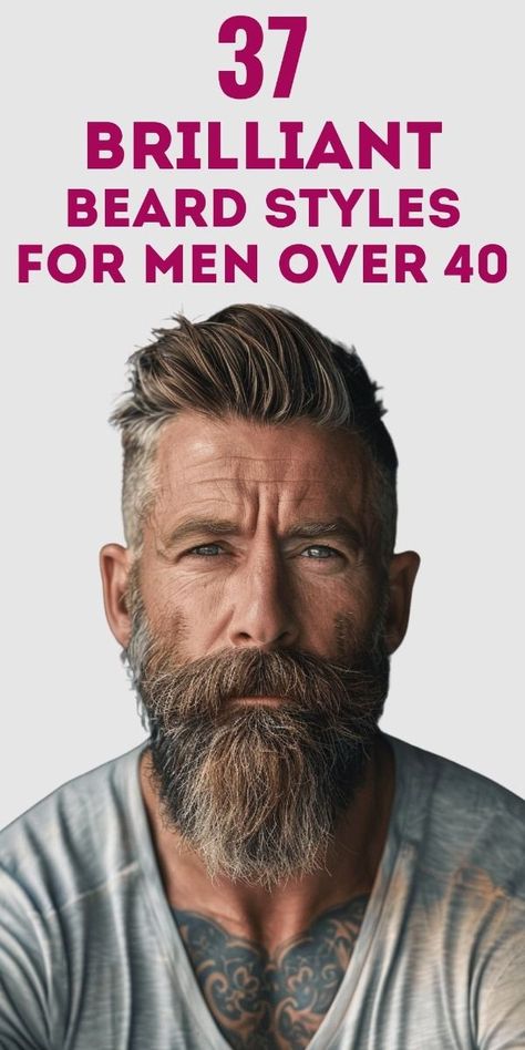 40+ Elegance Unleashed: 37 Refined Beard Styles for Sophisticated Men Over 40 Men Fashion 40 Year Old, Men’s Long Hair And Beard, Styling Hair Men, Handlebar Mustache And Beard, Grey Beard Styles For Men, Short Beards For Men, 40 Year Old Mens Hairstyles, Old Man Hairstyles, Man Beard Style