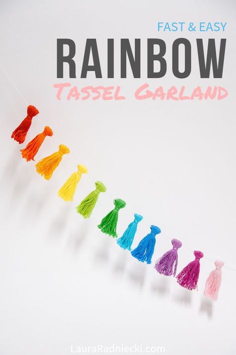 Learn how to make a DIY rainbow tassel garland using embroidery floss in this easy tutorial! It is quick, simple, and looks great in a kid's room or as fun birthday party decor! #rainbow #tassels #garland Diy Rainbow Garland, Pride Crafts To Sell, Diy Rainbow Decor, Diy Rainbow Art, Rainbow Craft Ideas, Diy Rainbow Decorations, Rainbow Tassel Garland, Class Tree, Embroidery Floss Crafts