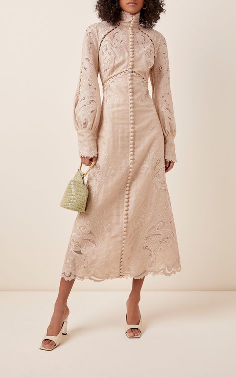 Linen Lace Dress, Zimmerman Midi Dress, Dress With Buttons In Front Style, Zimmerman Dress 2023, Baptismal Outfit For Mom Mothers, Linen Midi Dress Outfit, Zimmerman Dress Outfit, Zimmerman 2023, Lace Outfit Ideas