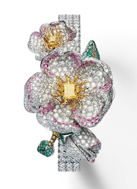 Giampiero Bodino Primavera secret watch in white and yellow gold with yellow diamond, pink sapphires, emeralds, white, yellow, cognac and grey diamonds, quartz movement CREDIT: LAZIZ HAMANI High Jewelry Bracelet, Oval Cut Diamond Rings, Jewelry Design Drawing, Italian Jewelry, Bird Jewelry, Exclusive Jewelry, Floral Jewellery, Best Diamond, Yellow Diamond