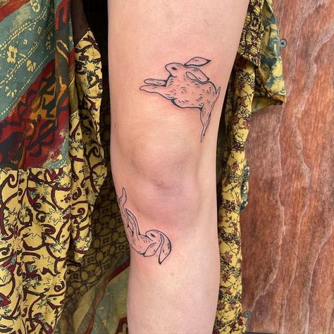 Aesthetic Nature Tattoos, Bunny Knee Tattoo, Bunny Hand Tattoo, Harry Styles Bunnies Tattoo, Harry Styles Bunny Tattoo, Harry Styles Rabbit Tattoo, Fine Line Hare Tattoo, Rabbit Knee Tattoo, Bunny Fine Line Tattoo