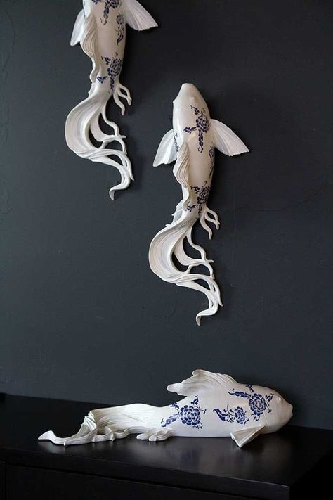 Koi Fish Decor, Blue Koi, Fish Artwork, Fish Wall Decor, Earthy Style, Rockett St George, Cerámica Ideas, Found Object Art, Clay Wall