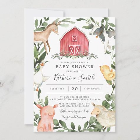 On The Farm Baby Shower Invitation  Zazzle Farmhouse Baby Shower, Farm Invitation, Farm Animals Theme, Farm Baby Shower, Animal Baby Shower Invitations, Animals Baby Shower, Farm Baby, Animal Baby Shower, Farm Theme