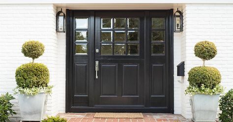 Dark House Bright Door, Dark Blue Entry Door, Dark Front Door Colors With Iron Security Roor, Dark Front Door Colors, Black House Colorful Door, Dark Purple Doors Front House, Slate Blue Paint, Dark Front Door, Front Porch Pergola