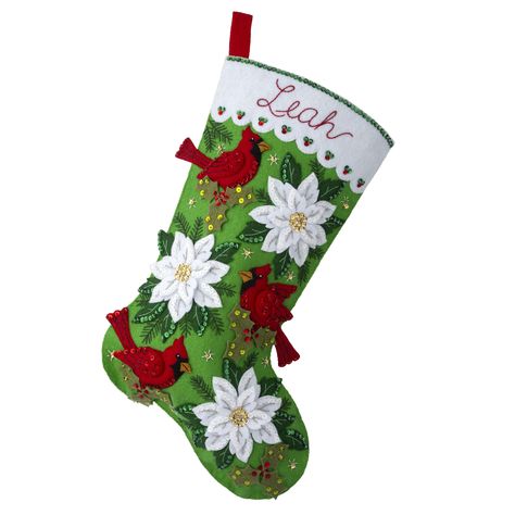 "Purchase Bucilla® 18\" Blossoms And Birds Felt Stocking Applique Kit at Michaels. com. Poinsettias bring traditional holiday spirit to your holiday décor! Poinsettias bring traditional holiday spirit to your holiday décor! Bucilla felt Christmas Stocking kits will help you make your craft project into a cherished family heirloom. Bucilla has been the number one crafter's choice in needle crafts and felt stocking kits for over 150 years. Made in USA. Details: Multicolored 18\"Contents: Stamped f Felt Stocking Kit, White Poinsettia, Christmas Stocking Kits, Felt Christmas Stockings, Felt Stocking, Christmas Craft Kit, Applique Kit, Personalized Stockings, Felt Applique