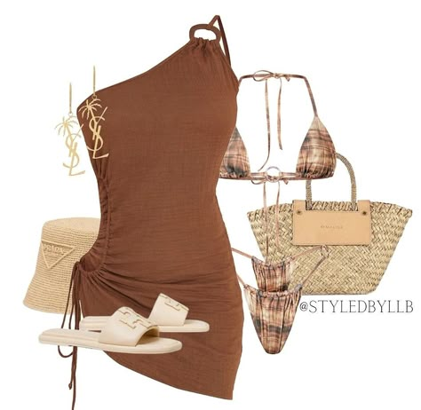 Brown Vacation Outfit, Brown Swimsuit Outfit, Brown Outfit Ideas, Chloe 2024, Swimsuit Outfit, Brown Swimsuit, Cancun Trip, Caribbean Style, Black Beach