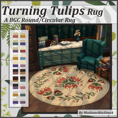 Turning Tulips Round Rug | MadameRia on Patreon Sims 4 Cc Cottage Living Recolor, S4mm Furniture, Sims 4 Maxis Match Cc Cottagecore Furniture, Cottage Core Sims 4, Ts4 Cottagecore Cc, Sims 4 Cottage Cc, Ts4 Cottage, Sims 4 Cottagecore Cc, Sims 4 Cottagecore