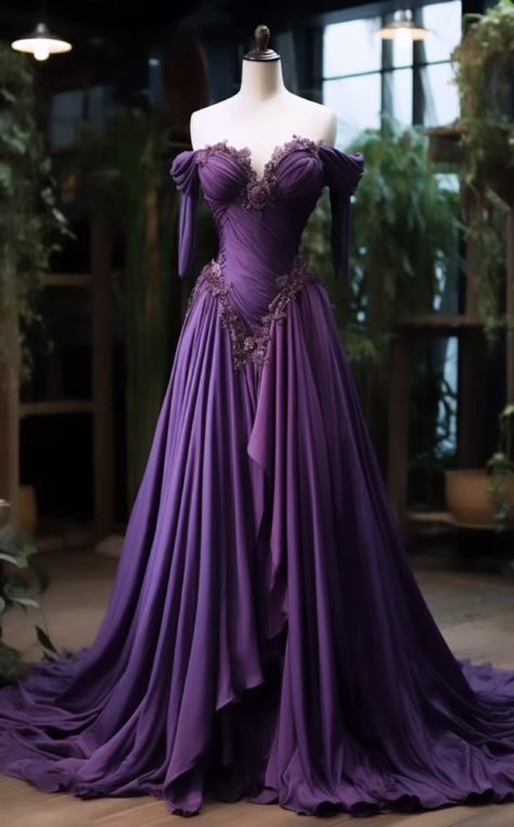 Purple Md Dress, Purple Gowns Royal, Dark Purple Fantasy Dress, Princess Dress Fairytale Royal, Mythical Dresses, Mcu Outfits, Purple Fantasy Dress, Amethyst Dress, Medieval Wedding Dress