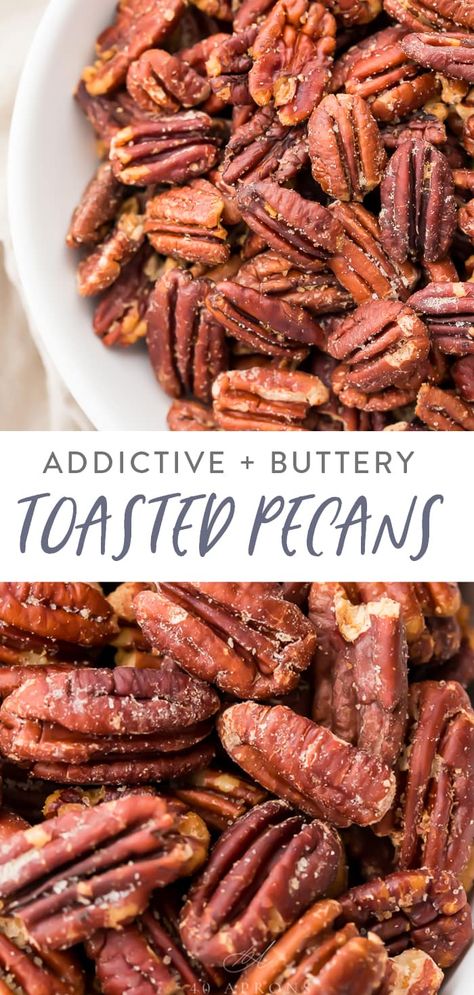 These toasted pecans are so buttery and addictive! They're a super easy and quick appetizer or topping for the holidays, and they're just impossible to stop munching on. Perfect on salads, sweet potato casserole, or by themselves! #appetizer #topping #salad #holidays #entertaining Toasted Pecans Recipe, Cake Mom, 40 Aprons, Quick Appetizer, Xmas Recipes, Roasted Pecans, Nut Recipes, Quick Appetizers, Pecan Recipes