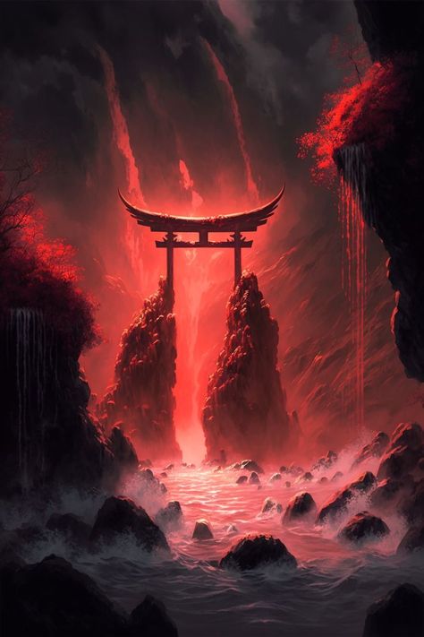 Delve into this mesmerizing illustration of a Torii Gate perched atop rocky outcrops, set against the backdrop of a cascading waterfall in the heart of a lake. Surrender to the striking red hue enveloping the scene, reflecting the powerful bond between Japanese culture, Shinto shrines, and nature's majesty. #Red #ToriiGate# Waterfall #Nature #Mist Tori Gate, Japanese Background, Shrines Art, Traditional Japanese Architecture, Japanese Shrine, Cascading Waterfall, Torii Gate, Japanese Drawings, Dreamy Artwork