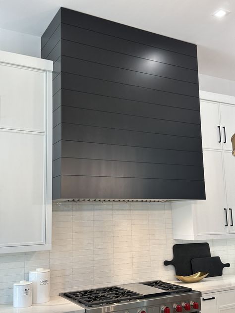 Black Shiplap Range Hood, Hood Fans Kitchen Ideas, Hood Fan Kitchen, Shiplap Range Hood, Hood Fans, Black Shiplap, Hood Vent Cover, Hood Fan, Hood Vent