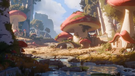 ArtStation - Mushroom Village Mushroom Village, City Inspiration, Art Village, City Drawing, Cityscape Art, Fantasy Story, City Landscape, Portfolio Ideas, Environmental Design