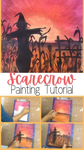 Scarecrow in a Sunset Field Acrylic Painting Tutorial for Beginners In this easy step-by-step tutorial post, we’ll be painting a scarecrow in a cornfield watching the colorful setting sun – it’s the perfect scene that’ll bring a spark of whimsy and nostalgic fall colors to your home. Moreover, this tutorial is perfect for artists who love painting fall-related stuff and want to learn some new techniques in the process. Diy Fall Acrylic Paintings, Easy Paintings For Beginners Tutorials, How To Paint For Beginners Step By Step, Easy Acrylic Halloween Paintings, September Painting Ideas Easy, Fall Scenes To Paint, Fall Paintings For Beginners, Fall Color Paintings On Canvas, Fall Paint Party Ideas