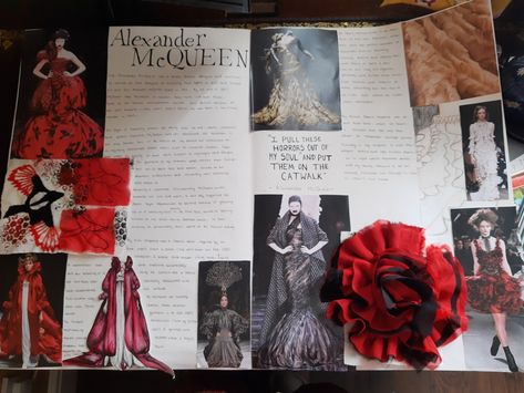 Research page on Alexander McQueen Alexander Mcqueen Textiles Sketchbook, Alexander Mcqueen Research Page, Artist Research Page Fashion, Alexander Mcqueen Artist Research Page, Fashion Artist Research Page, Alexander Mcqueen Moodboard, Artist Research Page Gcse Fashion, Textile Pages Sketchbook Ideas, Alexander Mcqueen Sketchbook