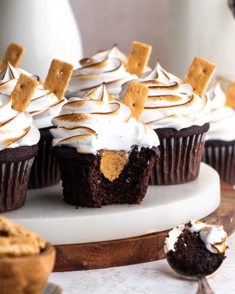 Smore Cupcakes Recipe, S’mores Cupcake Recipes, Torched Desserts, Campfire S’mores Cupcakes, S’more Cupcakes, Adoption Cupcakes, S’mores Cupcake, Camping Theme Cupcakes, Smores Cupcakes Recipe