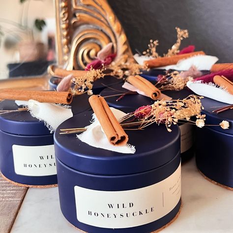 Every. Single. Detail. 🖤 Gorgeous navy candle tin full of luxurious honeysuckle fragrance | adorned with a beautiful bohemian dried bouquet + silk ribbon | cinnamon stick because autumn… This custom order is headed to an influencer event tonight. More to come. Navy Candles, Bohemian Candle, Wild Honeysuckle, Dried Bouquet, Tin Candles, Silk Ribbon, Cinnamon Sticks, Fragrance, Candles