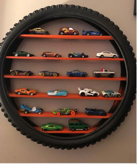 Bike Tire Matchbox Car Display, Tire Car Shelf, Hot Wheels Tire Shelf, Tire Shelf For Hot Wheels, Tire Shelf Boy Rooms, Hot Wheel Shelf, Hot Wheels Car Display, Bike Tire Hot Wheels Shelf, Hot Wheels Shelf Diy