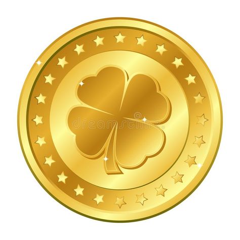 Four-leaf clover gold coin with stars. Saint Patrick`s day. Irish. Shamrock. Lucky. Vector royalty free illustration Lucky Illustration, Coin Illustration, Three Leaf Clover, Irish Shamrock, Free Illustration, Four Leaves, Gold Coin, Anime Cat, Saint Patrick