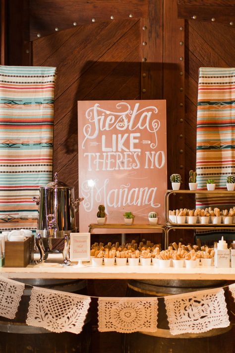 How cute is this Fiesta Like There's No Manana sign for a fun mini churro bar at your wedding? | Courtney and Andrew’s Watercolor Themed Winery Wedding | #equalitymindedweddings #lgbtweddingmagazine #loveinc #vineyardwedding #winerywedding #minichurros #weddingsigns #fiestawedding Churros Bar Wedding, Churro Bar Wedding Dessert Tables, Maracas For Wedding, Churros At Wedding, Churros Wedding Bar, Churro Wedding Bar, Pan Dulce Wedding Bar, Wedding Churro Bar, White Fiesta Party