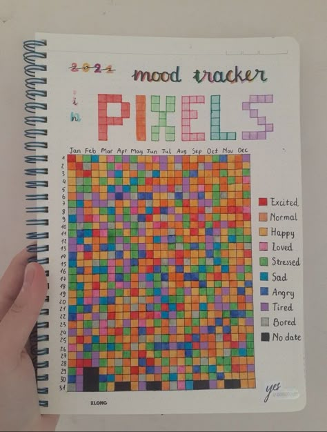 Journal Emotion Tracker, Emotion Notebook, Mood Tracker Pixels, Thing To Write In Your Journal, Mood Chart Ideas, Mood Tracking Journal, Things To Do In A Journal, Pixel Journal Ideas, Mood Pixels