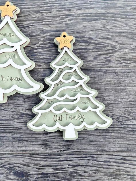 Laser Cut Christmas Ideas Tree Outline, Svg Laser Cut Files, Family Christmas Tree, Engraved Ornaments, Laser Cut Wood Crafts, Laser Engraved Ideas, Ornament Svg, Wooden Christmas Trees, 3d Laser