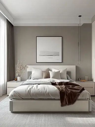 ↑↑↑ Larger size on website 🔸 The image shows a modern bedroom with a large bed in the center, white bedding, a brown throw blanke Minimal Modern Bedroom, Nightstands With Drawers, Picture On The Wall, Bedroom Design Modern, Brown Throw Blanket, Large Bed, White Bed Frame, Modern Minimalist Bedroom, Bedroom White