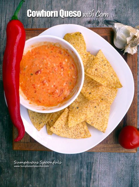 Cowhorn Queso with Corn | Sumptuous Spoonfuls Cow Horn Peppers Recipes, Cowhorn Peppers Recipes, Appertiser Ideas, Pepper Ideas, Garden Canning, Hot Pepper Recipes, Dip Recipes Hot, Pepper Recipes, Cheesy Dip