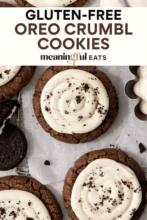 Gluten-Free Oreo Crumbl Cookies Quick Gluten Free Desserts, Autumn Snacks, Gluten Free Baked Goods, Decadent Cookies, Gluten Free Crumble, Gluten Free Oreos, Meaningful Eats, Crumble Cookie Recipe, Gluten Free Cookie