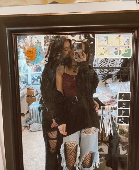 wlw couple aesthetic lesbian sapphic love lgbtq+ mirror picture sun and moon aesthetic black sweater black jacket ripped jeans kiss Opposite Lesbian Couple Aesthetic, Wlw Cute Pics, Wlw Couple Picture Ideas, Lgbtq Girlfriend Goals Photos, Sapphic Couple Photos, Wlw Teen Couple, Girlfriend Manifestation, Indie Couple Aesthetic, Sapphic Poses