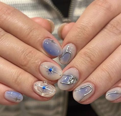 #nails #trendynails #tiktoktrend #bluenails Cool Tone Nails, Japanese Nails Short, Blue Nail Designs Short, Short Blue Nail Designs, Gel X Manicure, Nail Y2k, Hello Nails, Hippie Nails, Punk Nails