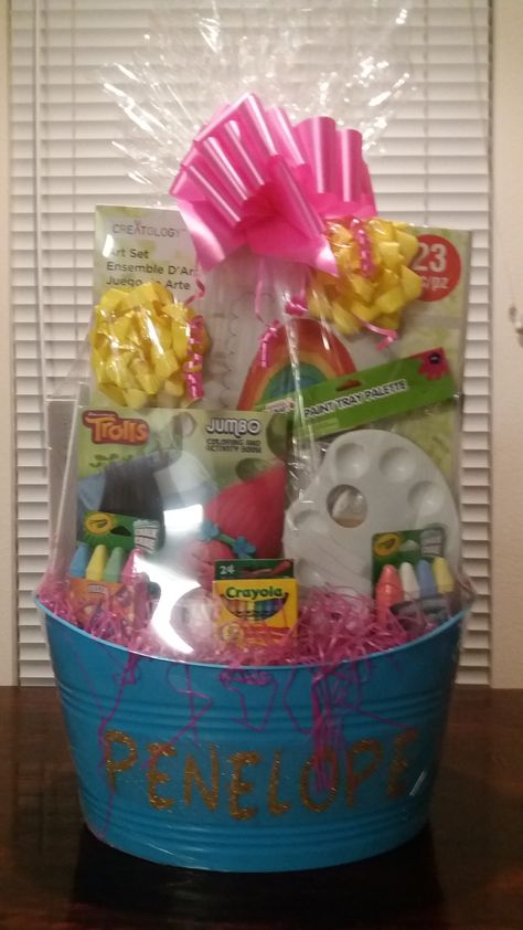 Arts And Craft Basket Ideas, Art Supplies Gift Basket Ideas, Classroom Baskets For Auction, Arts And Crafts Raffle Basket, Art Gift Basket, Themed Chidren's Gift Basket Christmas, Craft Gift Basket, Summer Gift Baskets, Kids Gift Baskets