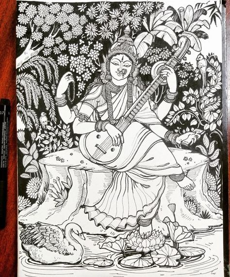 Indian Traditional Paintings, Sketch Practice, Doddle Art, Pencil Drawings Of Girls, Bengali Art, Saraswati Goddess, Yoga Wall Art, Kalamkari Painting, Hinduism Art