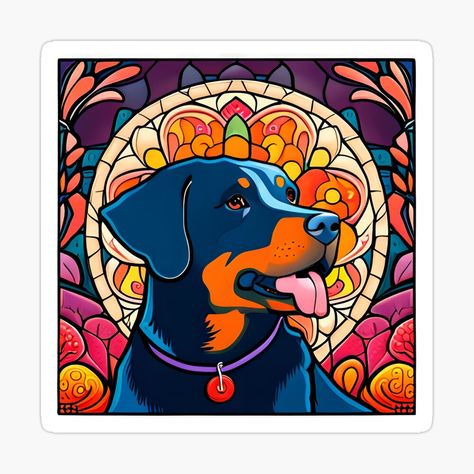 Get my art printed on awesome products. Support me at Redbubble #RBandME: https://www.redbubble.com/i/sticker/Rottweiler-Stained-Glass-Art-Nouveau-by-typogracat/153948668.EJUG5?asc=u Stained Glass Art Nouveau, Beagle Stained Glass Pattern, Black Lab Stained Glass Pattern, Golden Retriever Stained Glass Pattern, Stained Glass Cavalier King Charles, Stained Glass Rottweiler, Colorful Dog Art, Dog Stickers, Rottweiler