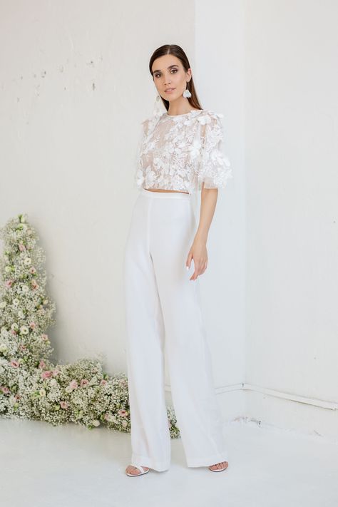 3d lace top Meda  paired with ivory pants Bridal Trousers, Bridal Pants, Wedding Pants, Chiffon Pants, Shower Outfits, Lace Top Dress, Bridal Tops, Bridal Jumpsuit, Bridal Separates