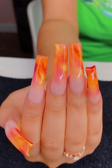 Marble Acrylic Nails, Orange Acrylic Nails, Orange Marble, Nails Orange, Ombre Acrylic Nails, Smink Inspiration, Unique Acrylic Nails, Long Square Acrylic Nails, Summer Acrylic Nails