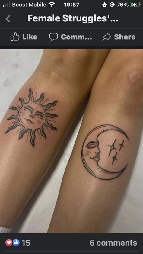 Sun On Leg Tattoo, Sun Moon Leg Tattoo, Sun Shin Tattoo, Sun And Moon Shin Tattoo, Sun Moon Knee Tattoo, Matching Knee Tattoos Women, Matching Calf Tattoos, 1970s Tattoos, Matching Shin Tattoos