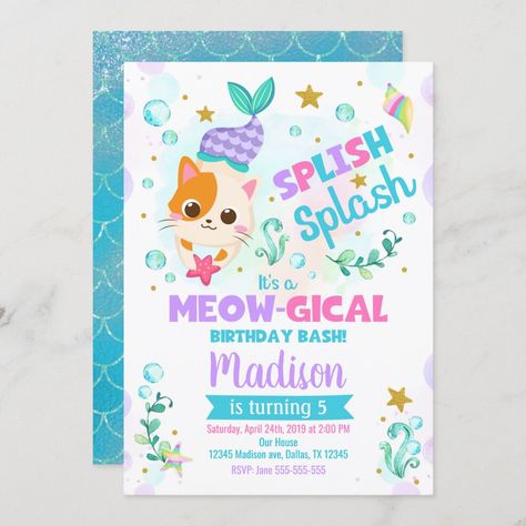 Mermaid Birthday Party Pool, Birthday Party Pool, Pool Birthday Invitations, Cat Birthday Invitations, Cat Invitations, Beach Party Invitations, 90th Birthday Invitations, Summer Invitation, Mermaid Cat