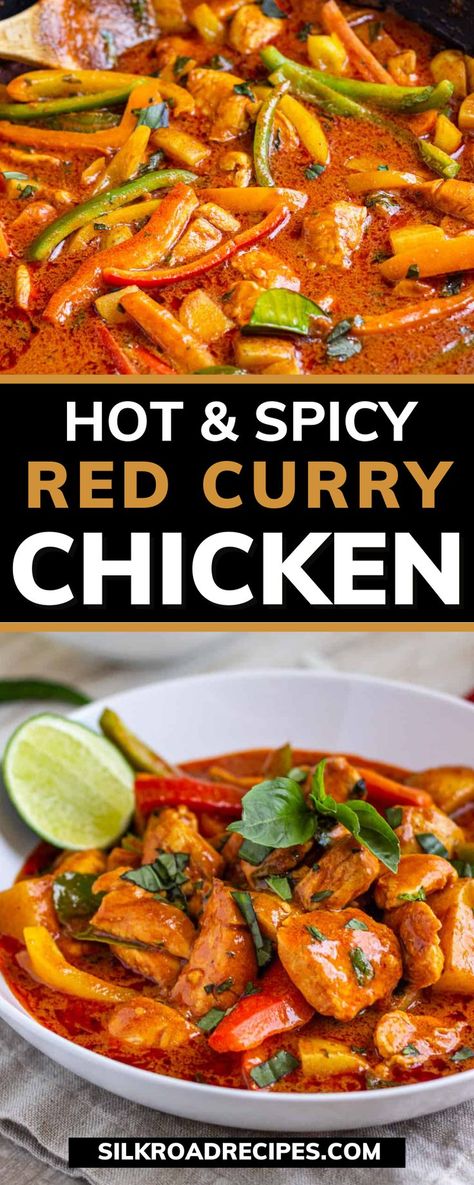 This Hot and Spicy Red Curry Chicken is a Thai recipe that can be made in less than 40 minutes and give you all the heat you’re looking for. If you need to tone down the spice, eat this Thai Curry with naan bread or rice. The juicy chicken with the curry sauce is delicious! Spicy Thai Red Curry Chicken Casserole, Spicy Red Curry Chicken, Spicy Thai Curry Recipes, Curry Recipes Spicy, Best Red Curry Recipe, Thai Recipes Spicy, Spicy Thai Chicken Recipes, Spicy Red Curry, Spicy Chicken Curry Indian