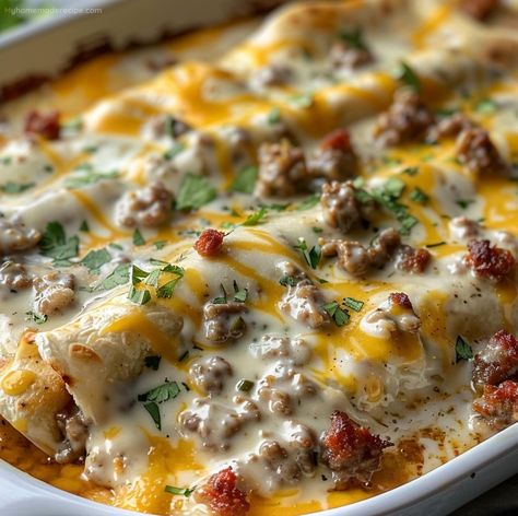 Hearty Southern Breakfast Enchiladas With Sausage Gravy - My Home Made Recipe Taste Of Home Breakfast Recipes, Southern Breakfast Enchiladas With Sausage Gravy, Breakfast Casserole With Biscuits Gravy, Breakfast Sausage And Gravy, Dinner With Breakfast Sausage, Smothered Breakfast Burritos, Leftover Sausage Gravy Recipes, Breakfast Chorizo Recipes, Breakfast With Pie Crust