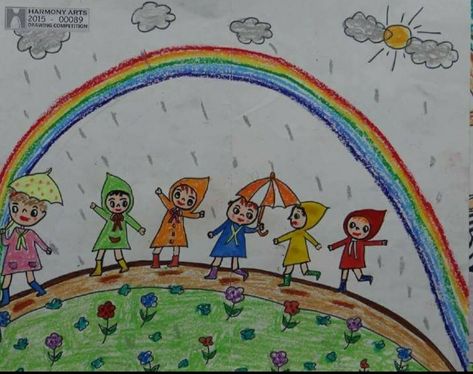 Rainbow 🌈 Rainy Day kids enjoy Rainy Day Drawing For Kids, A Rainy Day Drawing, Rainy Day Drawing, Harmony Art, Drawing Competition, Favorite Picture, A Rainy Day, School Crafts, Student Art