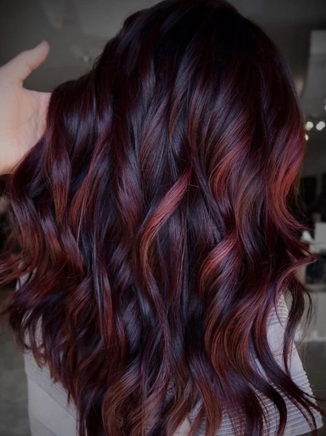 Fun Fall Balayage, Wine Balayage, Red Bayalage, Blackberry Hair, Boliage Hair, Red Highlights In Brown Hair, Mauve Hair, Red Balayage Hair, Baylage Hair