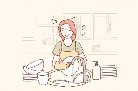 Young woman washing dishes and listening... | Premium Vector #Freepik #vector #music #people #house #woman Woman Washing Dishes, Pose Drawing Reference, Plate Drawing, Happy Housewife, Banana Ice Cream, Washing Dishes, Graphic Editing, Drawing Skills, Pose Reference Photo