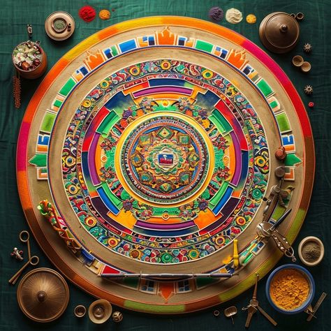 Vibrant Sand Mandala: A colorful sand mandala with intricate patterns, symbolizing the transitory nature of material life. #sand #mandala #colorful #intricate #pattern #vibrant #meditation #spiritual #aiart #aiphoto #stockcake https://ayr.app/l/oK43 Sand Mandala, Mandala Colorful, Days Of Creation, Meditation Spiritual, Sand Art, Image Downloads, Intricate Patterns, Royalty Free Images, Meditation