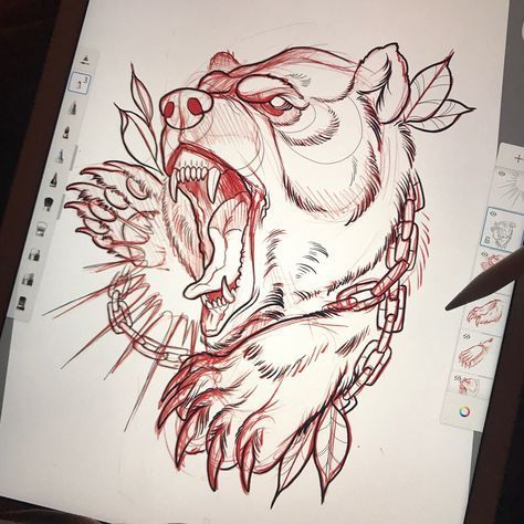 Neo Traditional Bear Tattoo Design, Neotraditional Bear Tattoo Design, Bear Tattoo Drawing, Japanese Bear Tattoo, Neotraditional Bear, Bear Tattoo Stencil, Traditional Bear Tattoo, Tattoo Designs Traditional, Grizzly Bear Tattoos