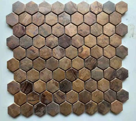 Copper Wall Tiles, Diy Wall Tile, Rust Wall, Tile For Kitchen Backsplash, Backsplash Bathroom Wall, Hexagon Backsplash, Tile For Kitchen, Metal Mosaic, Metal Mosaic Tiles