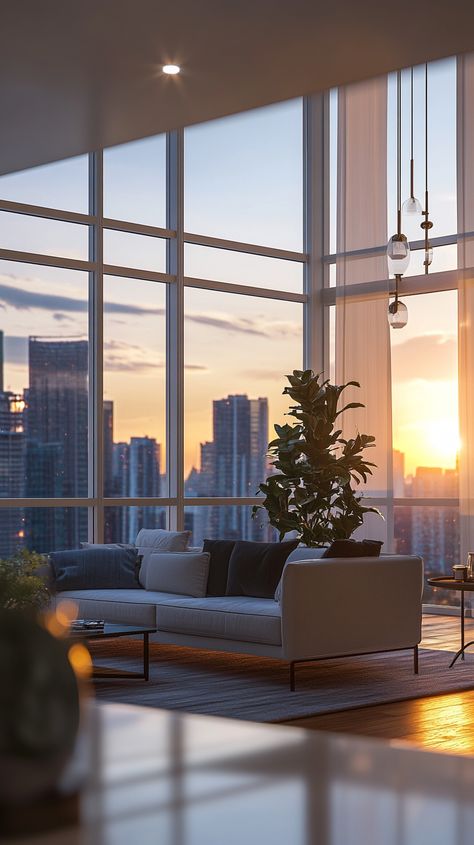 Contemporary High Rise Apartment with Skyline Views through Floor to Ceiling Windows. Apartment With Floor To Ceiling Windows, Floor To Ceiling Windows Apartment, Apartment Manifestation, High Rise Apartment, Apartment View, High Rise Apartments, Skyline View, Floor To Ceiling, Big Windows