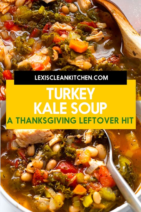 Got turkey leftovers? Make this Turkey Kale Soup! This soup has a hint of Italian flavors thanks to the tomatoes and spices, and is so hearty and delicious. If you don’t have turkey leftovers, no problem because it also works great with leftover shredded chicken as well! Turkey Kale Soup, Leftover Shredded Chicken, Ground Turkey Recipe, Quick Turkey, Lexi's Clean Kitchen, Turkey Soup Recipe, Thanksgiving Leftover, Turkey Leftovers, Homemade Chicken Noodle