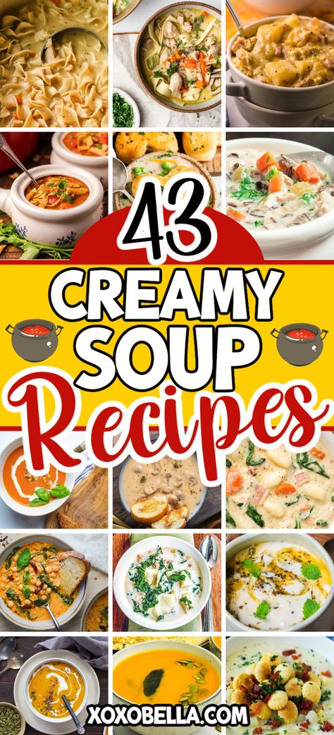 Creamy soups Cheesy Soup, Creamy Soups, Quick Soup Recipes, Creamy Soup Recipes, Cream Soup Recipes, Fall Soup Recipes, Homemade Soup Recipe, Delicious Soup Recipes, Soup Recipes Slow Cooker