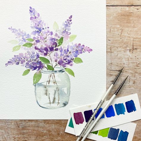 Paint loose watercolour lilacs with this easy painting tutorial. Click the link to watch and paint along. #watercolour #watercolor #lilacs #painting Stuff To Watercolor, Watercolour Art Flowers, Watercolor Lilacs Tutorial, Lilac Painting Easy, Flower Paintings Watercolor, Floral Watercolour Painting, Easy Painting Watercolor, Lilac Watercolor Paintings, Flower Watercolour Painting